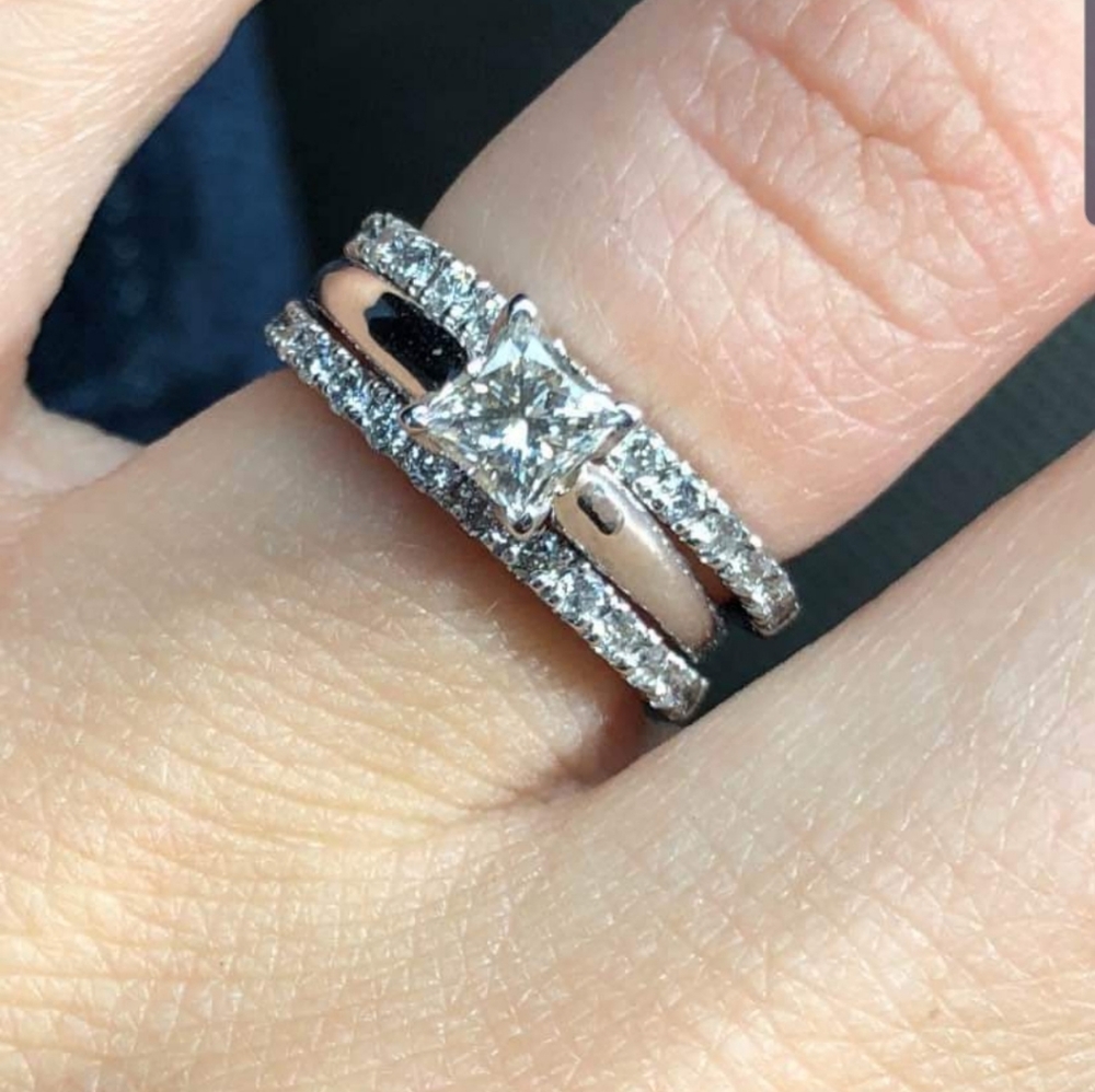 SOLD 14kt white gold princess cut diamond Solitaire engagement ring and Bands